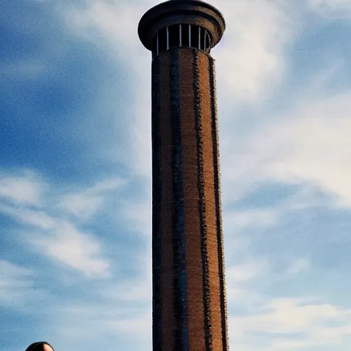 Image similar to photo of greta thunberg being chased by man with short brown curly hair at the top of a very tall tower