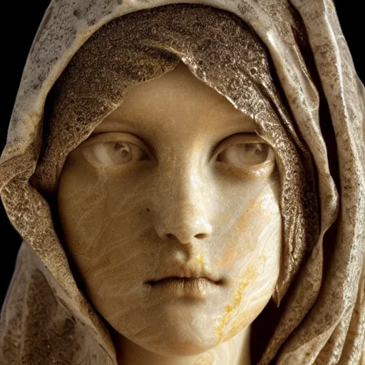 Image similar to a masterpiece marble sculpture of the veiled virgin, subsurface cracks, !dramatic !face, !female, covered in intricate !detailed golden !!streaked veil , physically based rendering, ultra photo realistic , dark background by Dan Hillier