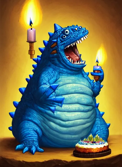 Image similar to portrait of a happy small fat blue godzilla with a birthday cake, wearing a three coloured cap with a propeller on top, intricate, elegant, candle light, highly detailed, digital painting, artstation, concept art, smooth, sharp focus, illustration, art by wlop, mars ravelo and greg rutkowski