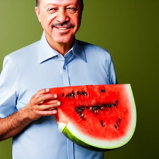 Image similar to recep tayyip erdogan smiling holding watermelon, studio photograph, hd, studio