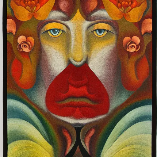 Image similar to floral face portrait by leonetto cappiello and wojciech siudmak and ernst fuchs, anni albers, oil on canvas