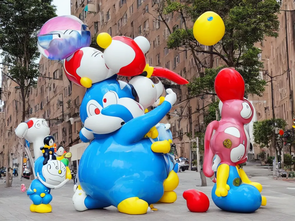 Image similar to Jeff Koon’s Doraemon Dorami Bubbles statue, painted by Botero