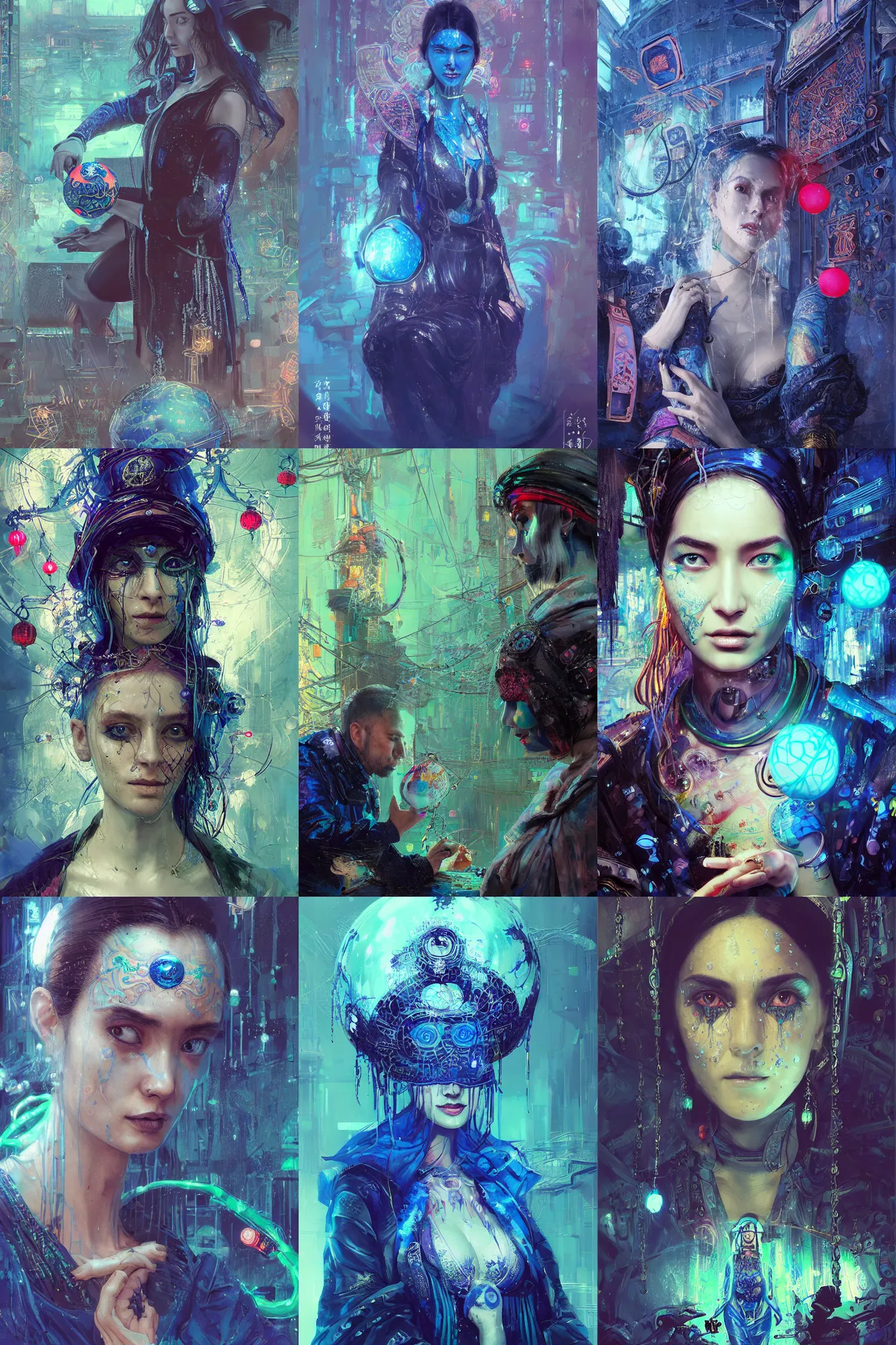 Prompt: detailed portrait a sorceress fortune telling from a magic ball, cyberpunk futuristic neon, reflective deep blue coats, decorated with traditional chinese ornaments, underwater station Pathos behind by Ismail inceoglu dragan bibin hans thoma greg rutkowski Alexandros Pyromallis Nekro Rene Maritte Illustrated, Perfect face, fine details, realistic shaded, fine-face, pretty face