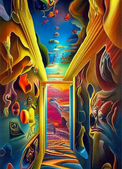 Image similar to an extremely high quality hd surrealism painting of a 3d galactic neon complimentary-colored cartoony surrealism melting optically illusiony hallway by kandsky and salvia dali the second, salvador dali's much much much much more talented painter cousin, clear shapes, 8k, ultra realistic, super realistic