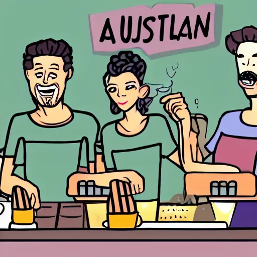 Image similar to cartoon fun drawing of australian cannabis baristas