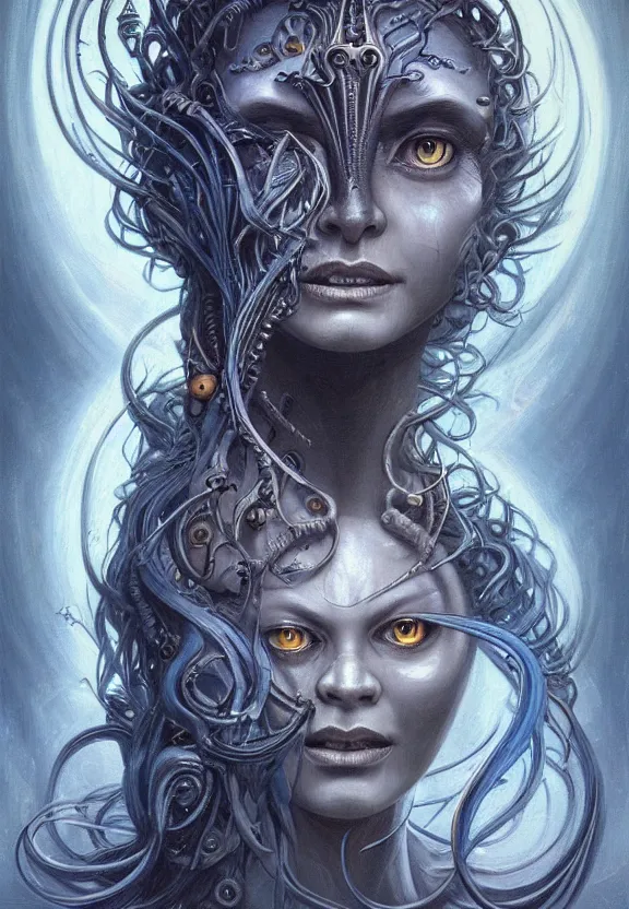 Image similar to perfectly centered portrait front view of a beautiful biomechanical moon goddess, flowing hair, intense stare, sweet sarcastic smile, symmetrical, dark blue skin, concept art, intricate detail, volumetric shadows and lighting, realistic oil painting by peter mohrbacher, h. r. giger, zdzisław beksinski, gustave dore,