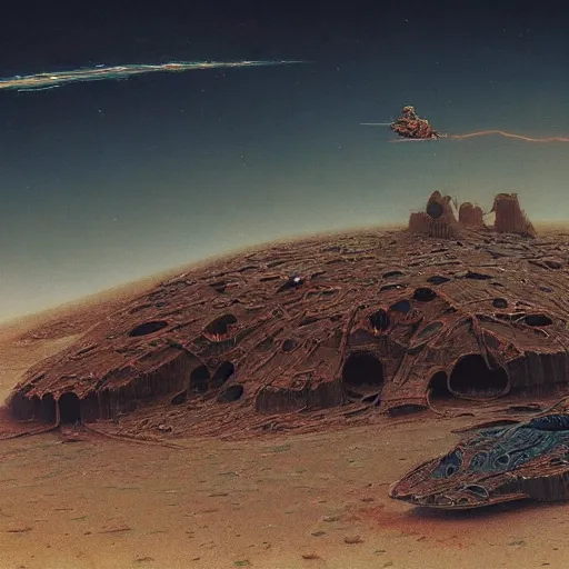 Prompt: a giant spaceship smashed to pieces in the new mexico desert, beksinski, wayne barlowe, very coherent symmetrical artwork, cinematic, hyper realism, high detail, octane render, 8 k