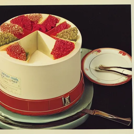 Image similar to 1970's cookbook color photograph of fancy cake sharp detail high detail