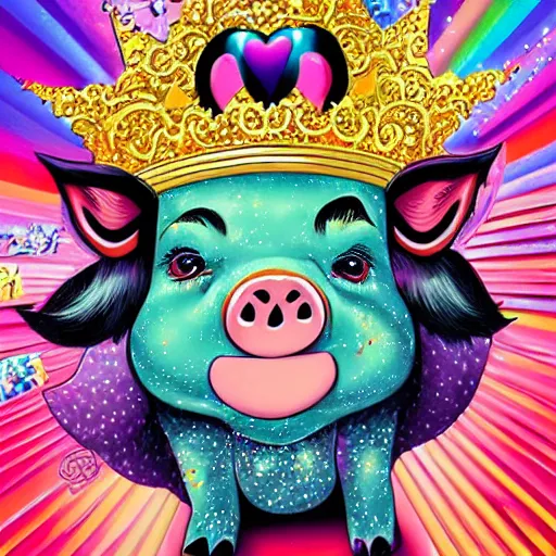 Prompt: lisa frank superhero pose pig wearing a gold crown throwing pop corn painting by android jones