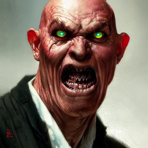 Image similar to portrait of a red bald man with black eyes and a black smile, horror, glowing eyes, by Stanley Artgerm Lau , greg rutkowski, thomas kindkade, alphonse mucha, loish, norman rockwell. Trending on artstation detailed illustration hd 4k