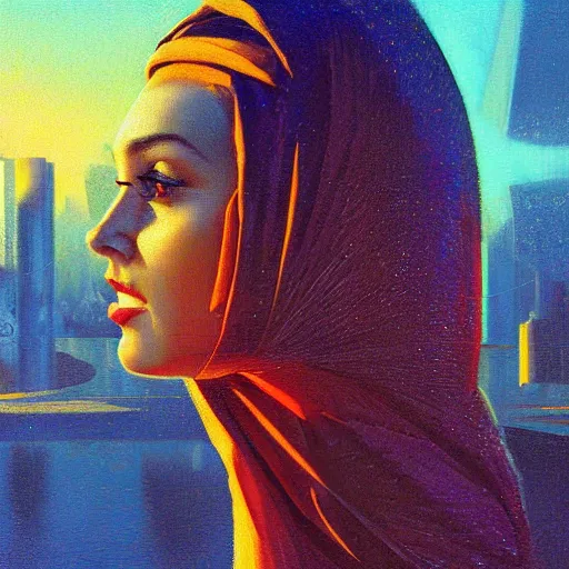 Image similar to detailed face of an arabic woman, tectonic cityscape, skydome, reactor, utopian, wet reflections, prism, atmospheric, ambient, pj crook, syd mead, livia prima, artgerm, greg rutkowski, nick alm, casey baugh