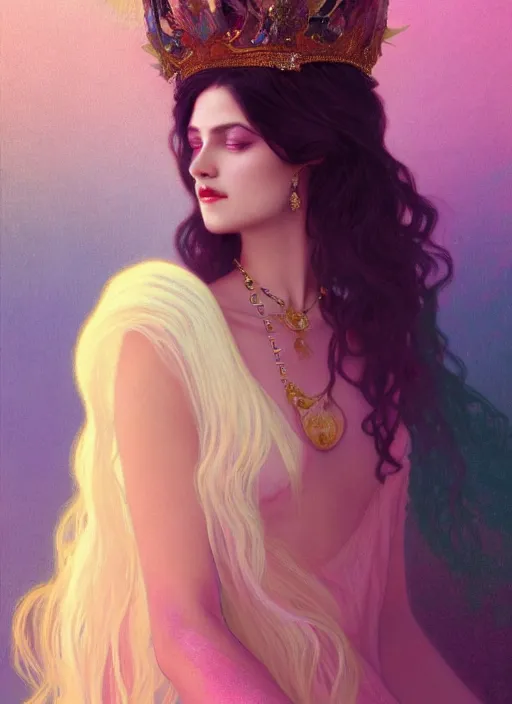Prompt: ombre velvet gown, feathers, lovely queen, portrait, long white hair, tiara, dozens of jeweled necklaces, feral languid woman, by greg rutkowski, anato finnstark, alphonse mucha, global illumination, radiant light