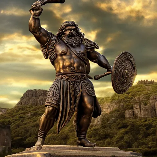 Image similar to a grand bronze statue of a burly muscular viking wielding a halberd, holding a hanging ancient scale balance in one outstretched hand, with a small building located on the scale balance, flowing hair and long robes, regal and menacing visage, built in a verdant field surrounded by ancient ruins, twilight sky, enhanced 4 k stylized digital art