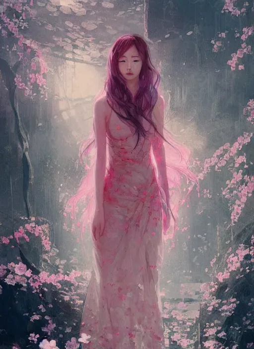 Image similar to lee jin - eun wearing luxurious dress emerging from pink water with cyberpunk theme by greg rutkowski, claude monet, conrad roset, takato yomamoto, rule of thirds, seductive look, beautiful, sakura flowers, dreamy,