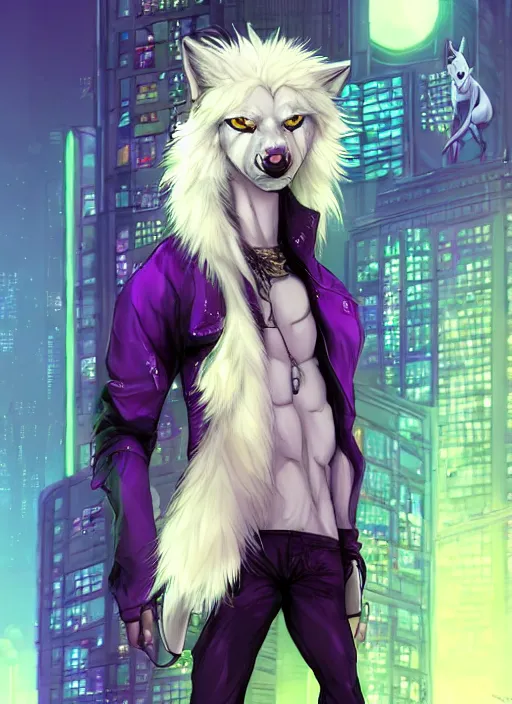 Image similar to award winning beautiful portrait commission of a male furry anthro albino wolf fursona with a tail and a cute beautiful attractive detailed furry face wearing stylish black, purple and yellow cyberpunk biker clothes standing on top of a high rise in a cyberpunk city at night while it rains. Character design by charlie bowater, ross tran, artgerm, and makoto shinkai, detailed, inked, western comic book art