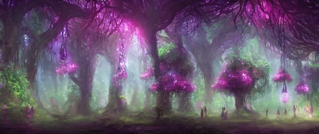 Image similar to a digital painting of a magical fantasy forest, large magical trees, magical flowers, hanging lanterns, godrays, mystical, evening, concept art, trending on artstation, matte painting, high detail, high quality, pink/purple/green colour scheme