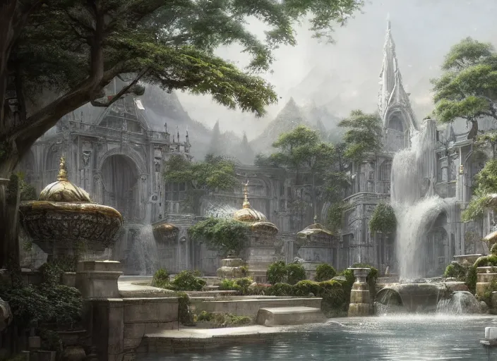 Prompt: A bathhouse with flowing water in a beautiful elven city made of white marble, anime, lush trees, fountain, a fantasy digital painting by Greg Rutkowski and James Gurney, trending on Artstation, highly detailed