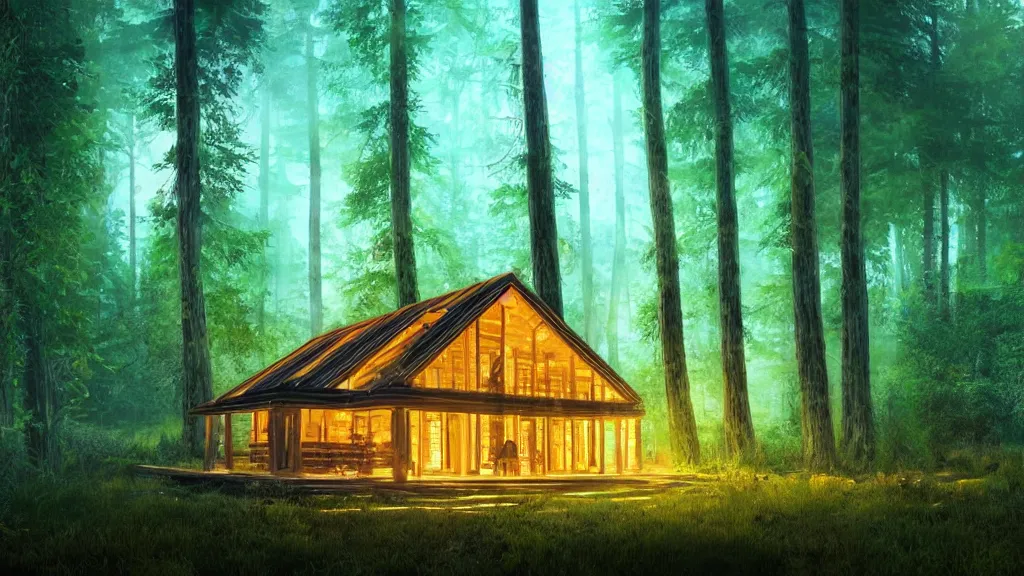 Image similar to portrait of an ethereal log cabin made of golden light, evergreen forest made of green and blue light, divine, cyberspace, mysterious, dark high-contrast concept art