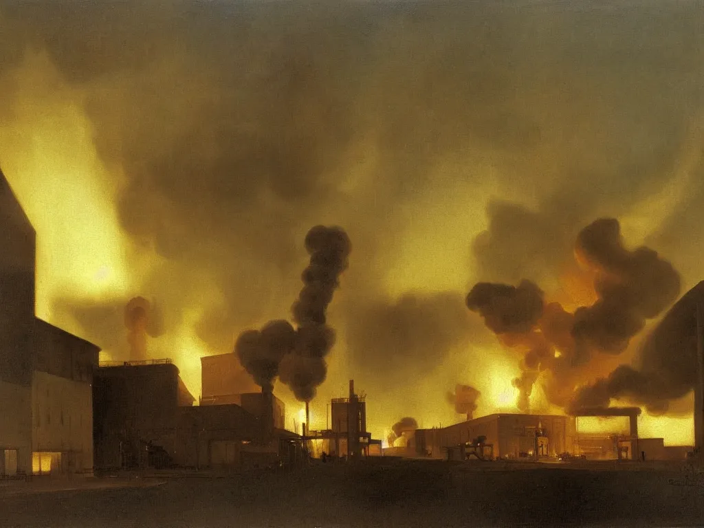 Image similar to a painting of an explosion in a factory by peter ilsted