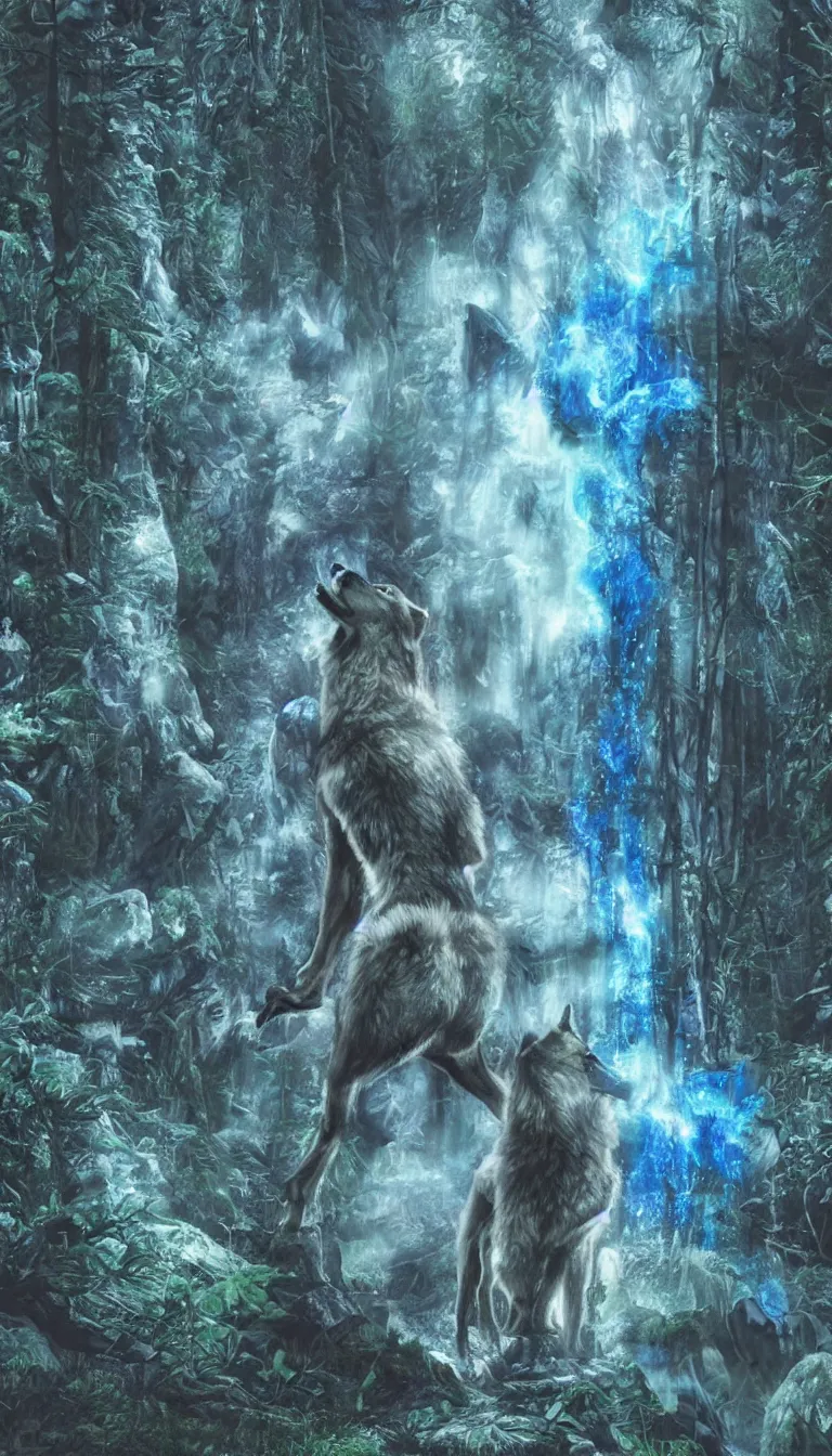 Image similar to humanoid wolf in an enchanted forest with a blue hue and blue fireflie and a waterfall in the distance that magically glows blue, insanely detailed