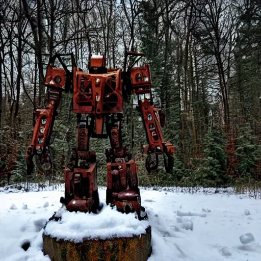 Prompt: rusted out mech in the woods covered in snow