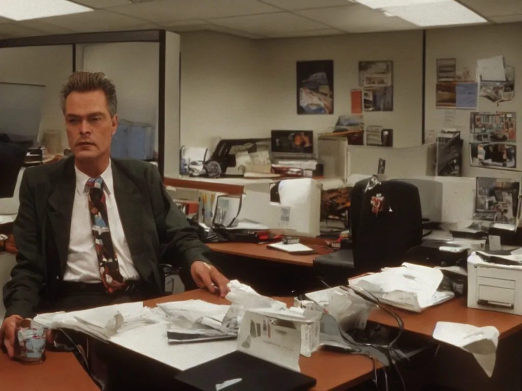 Image similar to bob of twin peaks in 9 0 s cubicle office