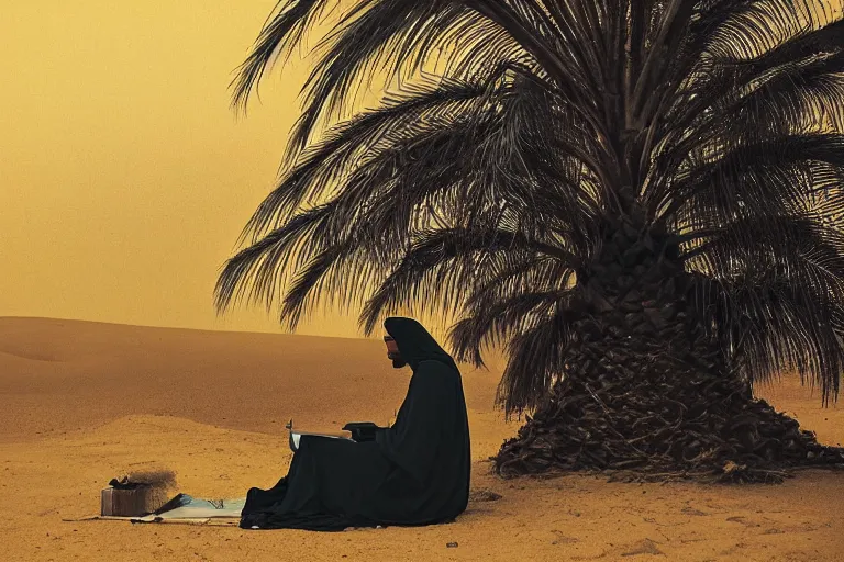 Image similar to a hooded Druid sitting under a tall palm tree in the Egyptian desert reading ancient scrolls in the light from a small fire at night, sitting on the ground, darkness, dim light from fire, desert, starry sky, an ancient city far in the distance, strong dramatic cinematic lighting, lost civilizations, smooth, sharp focus, extremely detailed