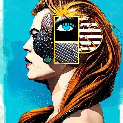 Image similar to portrait of britainwoman :: side profile :: in ocean :: clockwork details :: gold :: blood and horror :: by marvel and Sandra Chevrier