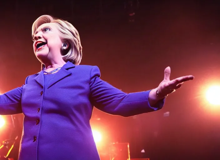 Image similar to publicity photo still of hillary clinton in a death metal band playing live on stage, 8 k, live concert lighting, mid shot