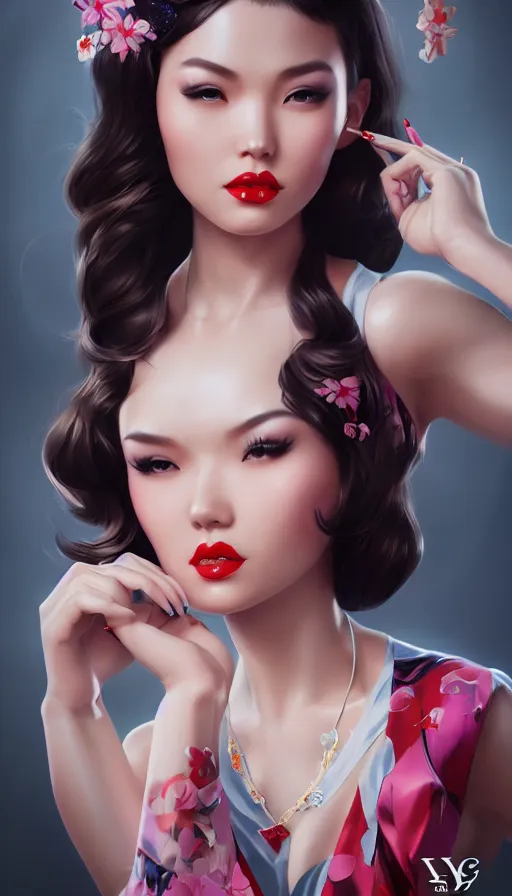 Image similar to a pin up and beautiful fashion and charming and dreamlke asian girl with lv jewelry, medium shot, art by artgerm & ross tran & wlop, hyperdetailed, 8 k realistic, symmetrical, frostbite 3 engine, cryengine, dof, trending on artstation, digital art