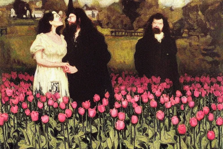 Image similar to hagrid and morticia addams kiss in a field of tulips, masterpiece, highly detailed, oil on canvas, art by walter sickert, john singer sargent, and william open