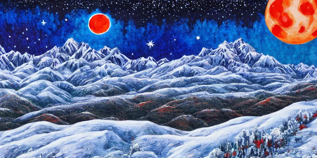 Image similar to 8k intricate ultrarealistic portrait of Kashmir landscape with red moon and starry night in the background, icy mountains in the background