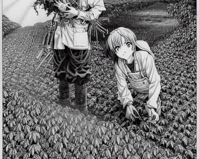 Image similar to Highly detailed and intricate ink drawing of an anime farmer tending to his crops with a pack animal || VERY VERY ANIME!!!, fine-face, realistic shaded perfect face, fine details. Anime. realistic shaded lighting poster by katsuhiro otomo, ghost-in-the-shell, ayami kojima