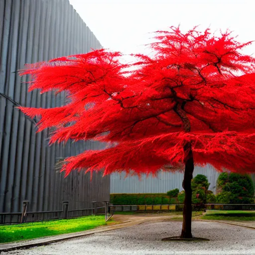 Prompt: a single red japanese maple in a dystopian city