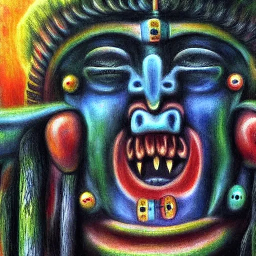 Prompt: disturbing grunge image of a brutal mayan deity. horror airbrush art, by auguste renoir