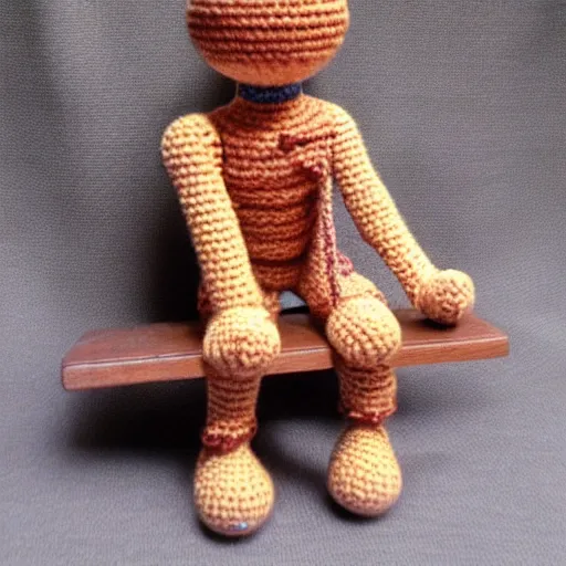 Image similar to amigurumi crocheted toy they looks like the statue the thinker by rodin, sitting on a wooden toy block