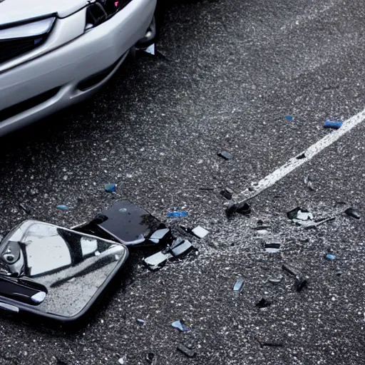 Image similar to car accident, totalled cars, thousands of broken phones on asphalt, cracked iPhone screen, photo