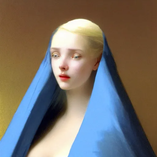 Prompt: a young woman's face, her hair is white and she wears an indigo blue satin cloak, by ivan aivazovsky and syd mead and moebius and gaston bussiere and roger dean and pieter claesz and paul delaroche and alma tadema and aelbert cuyp and mort kunstler, hyperrealistic, volumetric light, octane render