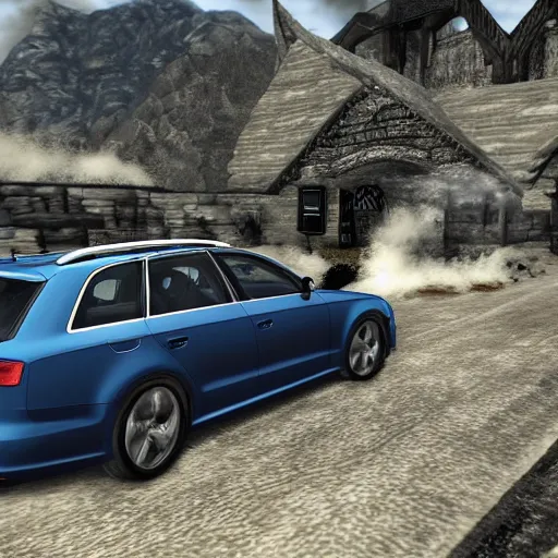 Prompt: a dragon fighting against a denim blue audi a 4 b 6 avant in whiterun, skyrim gameplay footage