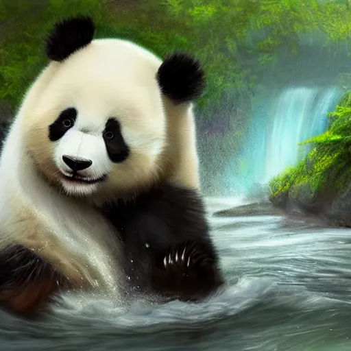 Prompt: Epic portrait an fluffy cute panda playing with water near a green river, nature, digital painting, artstation, concept art, soft light, hdri, smooth, sharp focus, illustration, fantasy, intricate, elegant, highly detailed, D&D, matte painting, in the style of Greg Rutkowski and Alphonse Mucha and artemisia, 8k, highly detailed, jurgens, rutkowski, bouguereau, pastoral, rustic, georgic, detailed concept art, illustration, colorful pastel, painting, detail, ultra detailed, digital art, 4K,