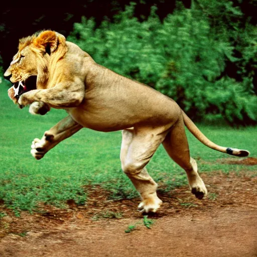 Image similar to Lion pouncing on watermelon, award winning nature photo, 1993