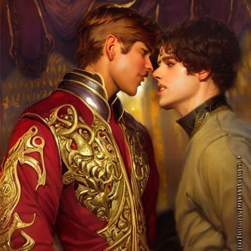 Prompt: attractive fully clothed king confesses his love for his attractive fully clothed male prince. highly detailed painting by gaston bussiere, mark brooks, j. c. leyendecker, craig mullins