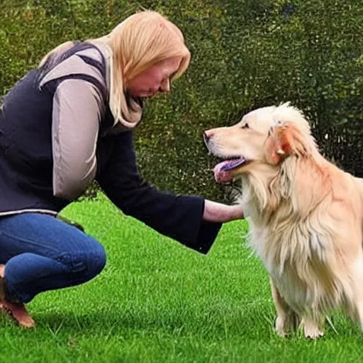 Image similar to A high-quality photo of a Golden Retriever teaching Nadine Dorries to use the internet