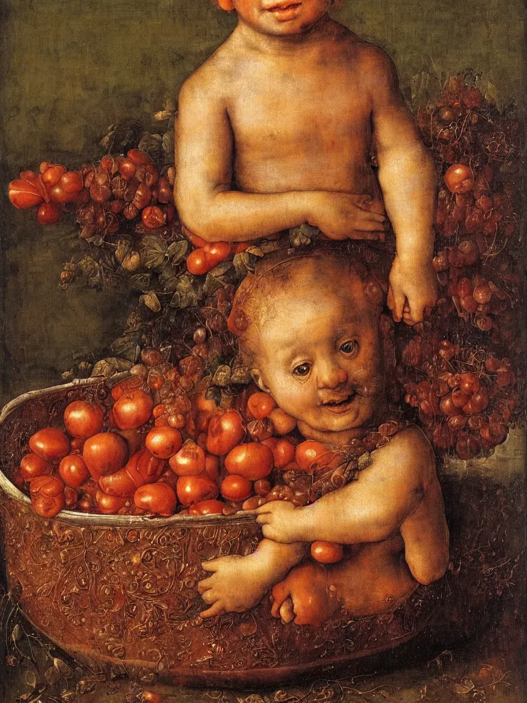 Image similar to a boy sitting in a tub full of tomato sauce, by giuseppe arcimboldo, renaissance, portrait, fruit, detailed oil paint, high definition