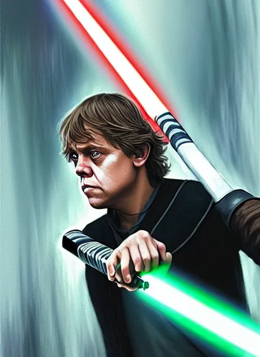 Image similar to Luke Skywalker using a baseball bat instead of a Lightsaber in star wars, highly detailed, digital painting, artstation, concept art, sharp focus, illustration, cinematic lighting, art by artgerm and greg rutkowski and alphonse mucha diffuse lighting, fantasy, intricate, elegant, highly detailed, lifelike, photorealistic, digital painting, artstation, illustration, concept art, smooth, sharp focus, art by John Collier and Albert Aublet and Krenz Cushart and Artem Demura and Alphonse Mucha