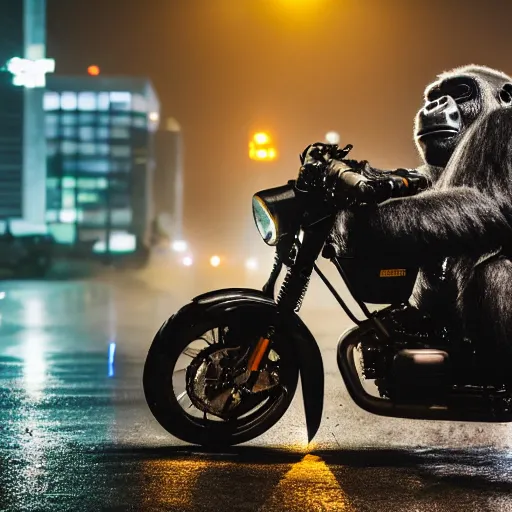 Prompt: a gorilla is riding a motor cycle in a cyberpunk city, shot from far away, during night, raining, many puddles on the street where the shiny motorcycle is reflected in