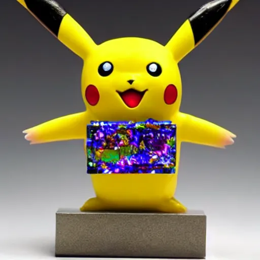 Prompt: Sculpture of Pikachu made out of bismuth crystals