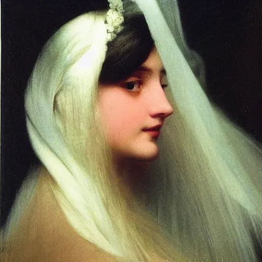 Image similar to a young woman’s face, her hair is white, she wears a long flowing blue satin veil, in the background is a river in a forest at dawn, by ivan aivazovsky and pieter claesz and paul delaroche and alma tadema and august malmstrom and and willen claesz heda and aelbert cuyp and gerard ter borch and isaac levitan and carl gustav carus, detailed, hyperrealistic, rendered in octane, rendered in redshift