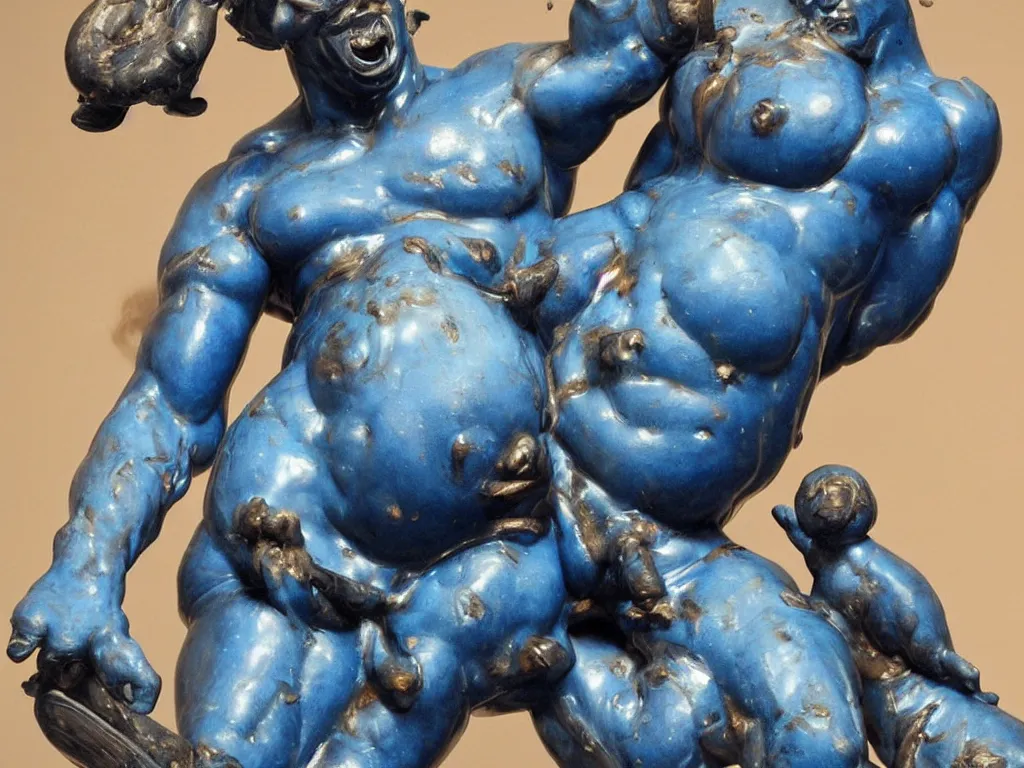 Prompt: beautiful muscular blue genie covered in oil laughing and turning himself into pregnant pig, statue, highly detailed