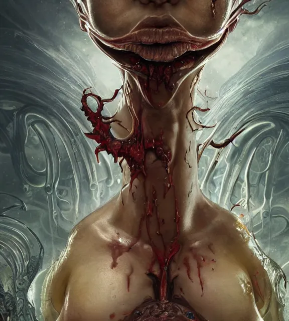 Image similar to portrait of a bloodied ornate filigreed slime dripping genderless insect alien monster, muscles, rippling, space warping and twisting, ultra realistic, concept art, intricate details, eerie, highly detailed, photorealistic, octane render, 8 k, unreal engine. art by artgerm and greg rutkowski and alphonse mucha